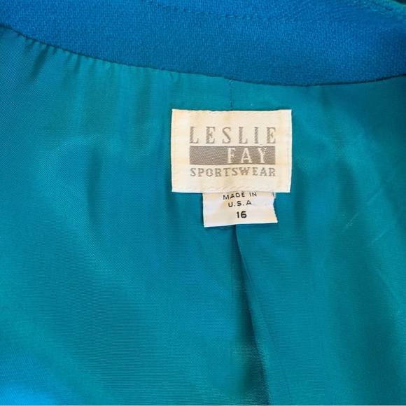 VINTAGE LESLIE FAY TURQUOISE WOOL BLAZER - Picture 5 of 11